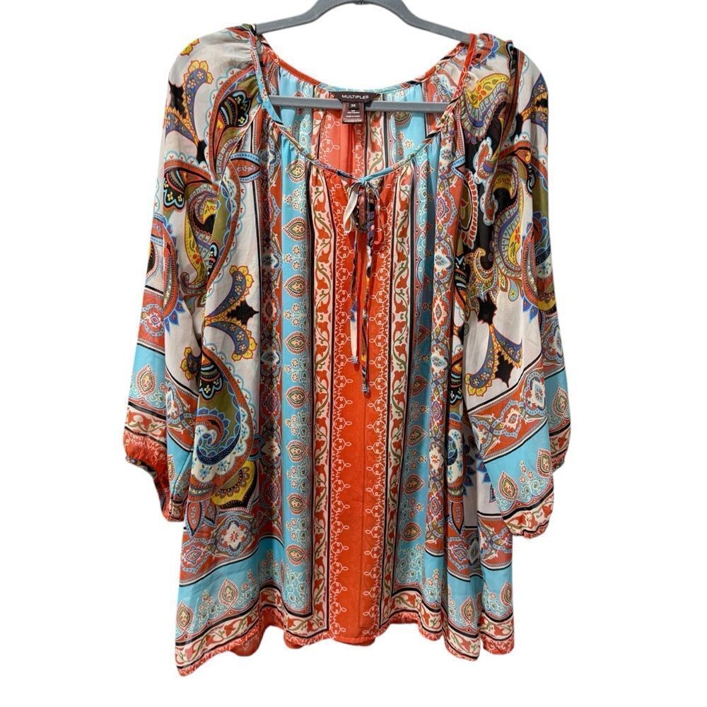 Multiples Womens Orange Paisley BOHO Blouse  3/4 Sleeve colorful Top